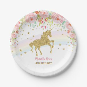 BlumenEinhorn-Rosa-Goldregenbogen-Geburtstag 7" Pappteller