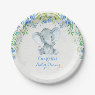 Blumenelefant-Baby-Jungen-Duschen-blaue Pappteller