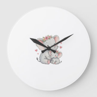 Blumenelefant Mutter und Baby Aquarell-Illustratio Große Wanduhr