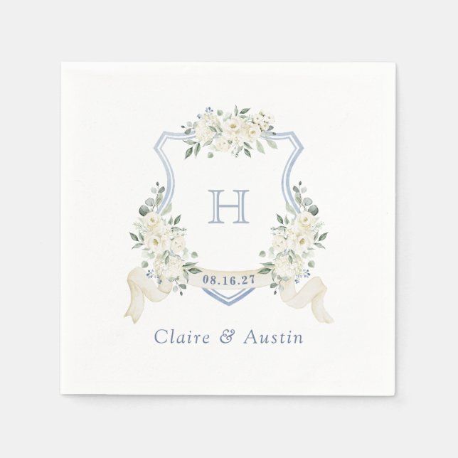 Blumenelegante Wappen Dusty Blue Wedding Monogram Serviette (Vorderseite)