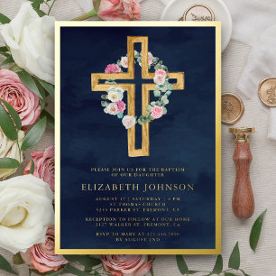 Blumeneukalyptus-Holzkreuz-Taufe Navy Gold Folieneinladung