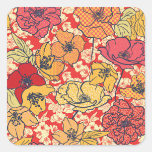 Blumenexplosion: Nahtloser Vintager Trend. Quadratischer Aufkleber