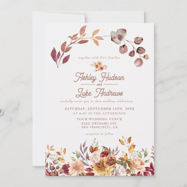 Blumenfall in Liebe Boho Fall Botanische Hochzeit Einladung (Vorderseite)