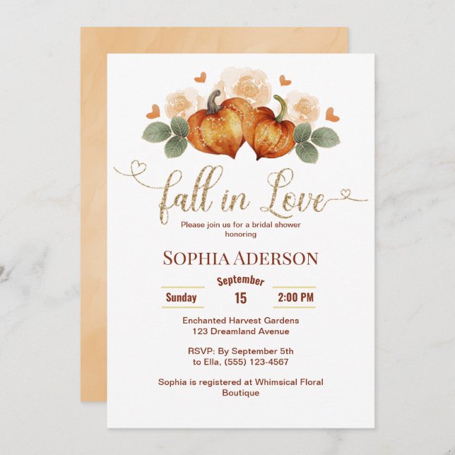 Blumenfall in Liebe Pumpkin Herz Brautparty Einladung (Vorne/Hinten)