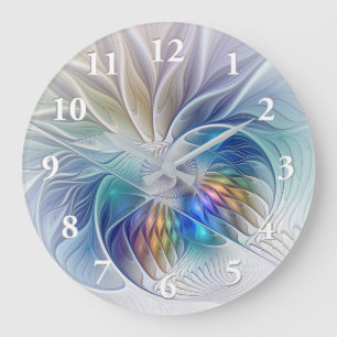 Blumenfantasie, farbenfrohe abstrakte Fraktalblume Große Wanduhr
