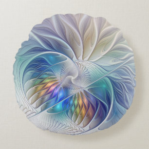 Blumenfantasie, farbenfrohe abstrakte Fraktalblume Rundes Kissen