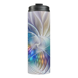 Blumenfantasie, farbenfrohe abstrakte Fraktalblume Thermosbecher
