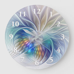 Blumenfantasie, farbenfrohe abstrakte fraktale Blu Große Wanduhr