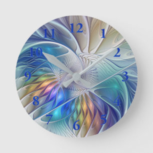 Blumenfantasie, farbenfrohe abstrakte fraktale Blu Runde Wanduhr