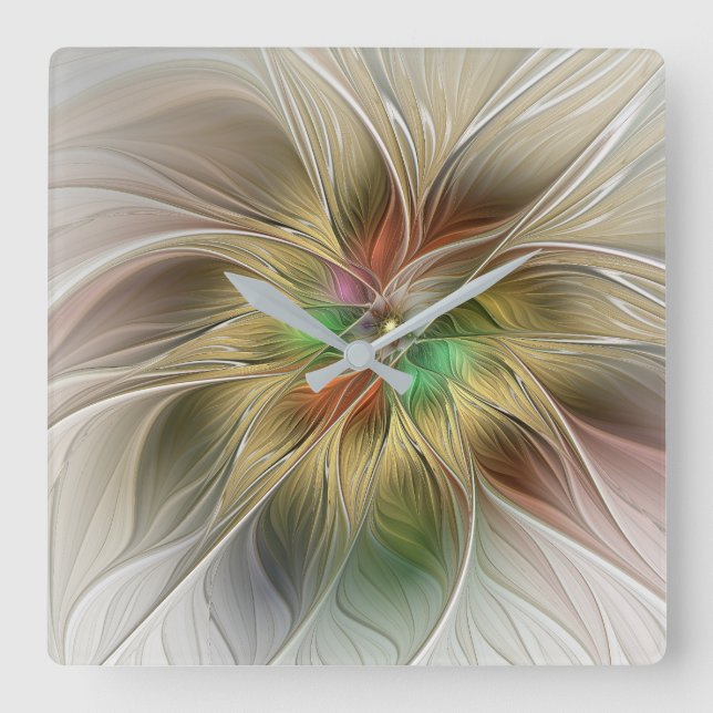 Blumenfantasie mit Gold Modernes Abstraktes Frakta Quadratische Wanduhr (Vorderseite)