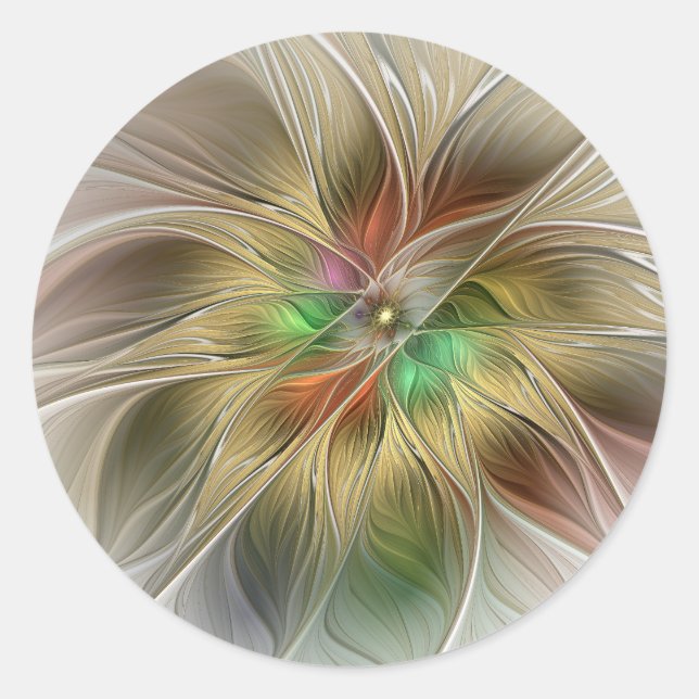 Blumenfantasie mit Gold Modernes Abstraktes Frakta Runder Aufkleber (Vorderseite)