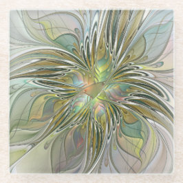 Blumenfantasie Modernes Fraktal Blume mit Gold Glasuntersetzer