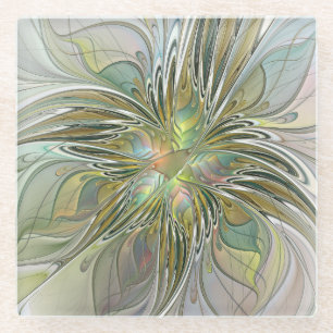 Blumenfantasie Modernes Fraktal Blume mit Gold Glasuntersetzer