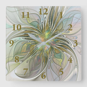 Blumenfantasie Modernes Fraktal Blume mit Gold Quadratische Wanduhr