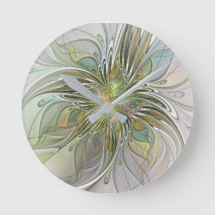 Blumenfantasie Modernes Fraktal Blume mit Gold Runde Wanduhr