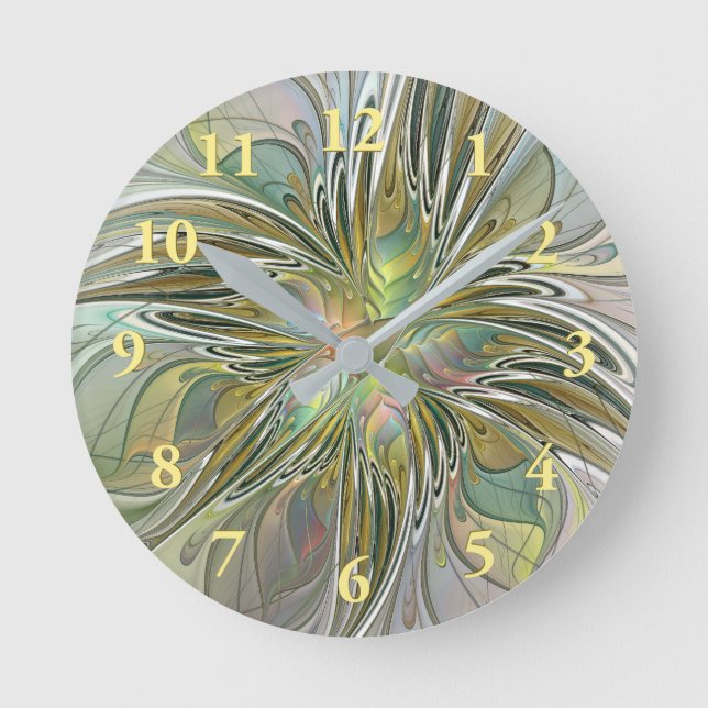Blumenfantasie Modernes Fraktal Blume mit Gold Runde Wanduhr (Vorderseite)