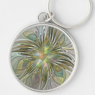 Blumenfantasie Modernes Fraktal Blume mit Gold Schlüsselanhänger