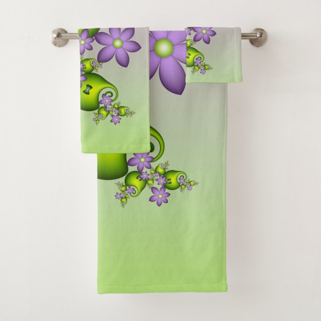 Blumenfantasy Lilac Blume Grüne Formen Fraktal Badhandtuch Set (Insitu)