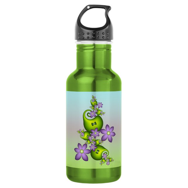 Blumenfantasy Lilac Blume Grüne Formen Fraktal Edelstahlflasche (Vorderseite)