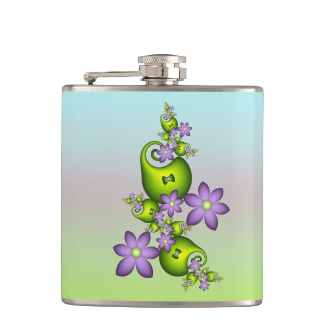 Blumenfantasy Lilac Blume Grüne Formen Fraktal Flachmann (Vorderseite)