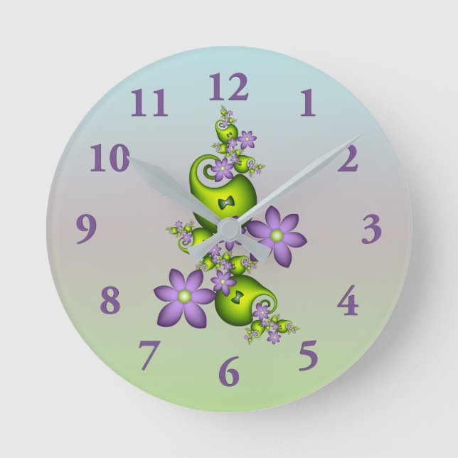 Blumenfantasy Lilac Blume Grüne Formen Fraktal Runde Wanduhr (Vorderseite)