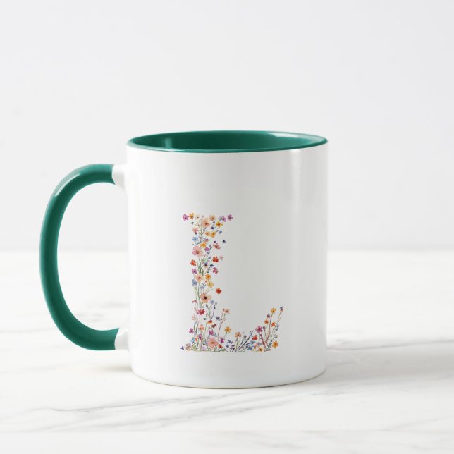 Blumenfarbbuchstabe L Monogramm Tasse (Links)