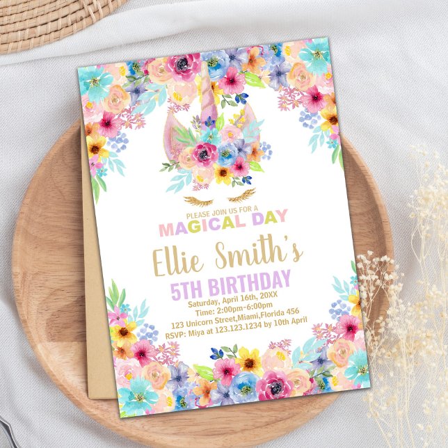 Blumenfarben Einhorn Einladung zum Geburtstag (Floral Colors Unicorn Birthday Invitations)