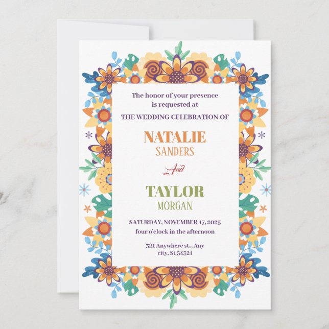 Blumenfarben, tropisch, Sommer, lebhafte Hochzeit Einladung (Vorderseite)