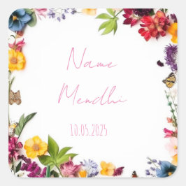 Blumenfarbene Mendhi Gunst-Aufkleber Quadratischer Aufkleber