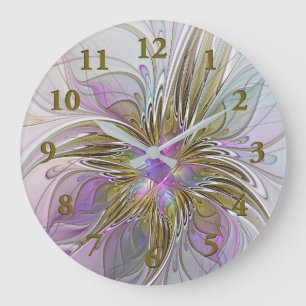 Blumenfarbenes Abstraktes Fraktal mit Rosa und Gol Große Wanduhr
