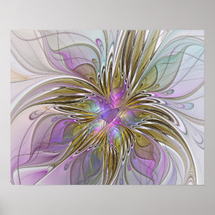 Blumenfarbenes Abstraktes Fraktal mit Rosa und Gol Poster