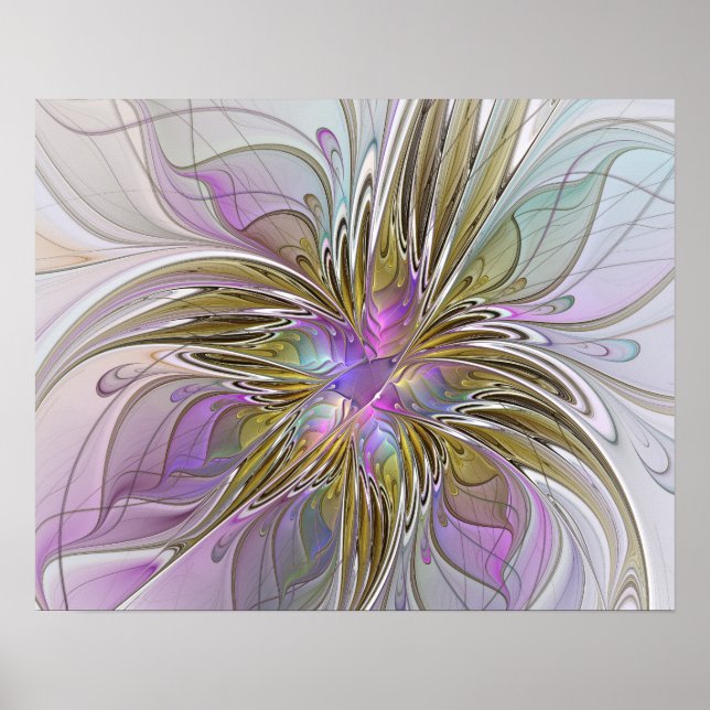 Blumenfarbenes Abstraktes Fraktal mit Rosa und Gol Poster (Vorne)