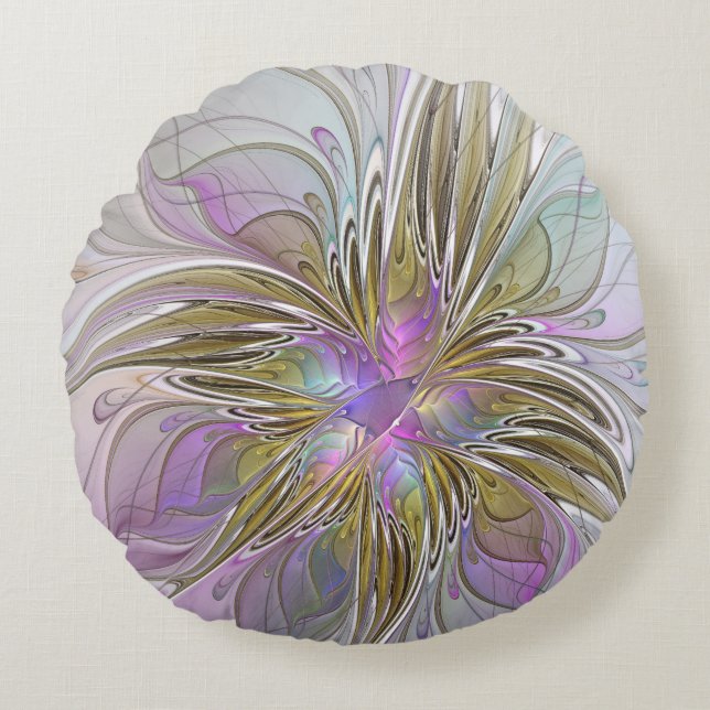 Blumenfarbenes Abstraktes Fraktal mit Rosa und Gol Rundes Kissen (Vorderseite)