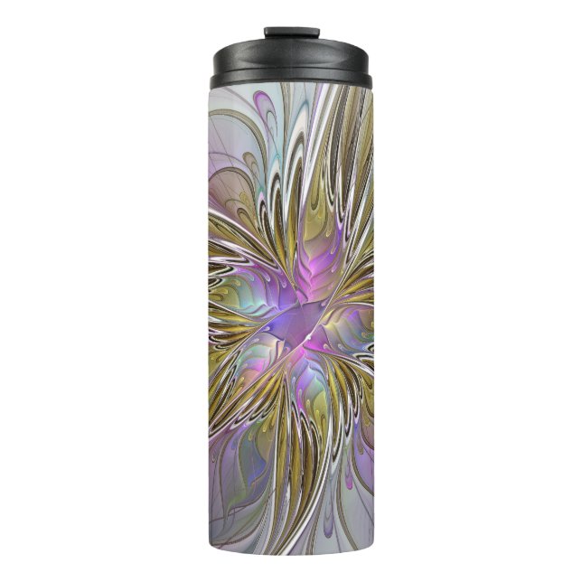 Blumenfarbenes Abstraktes Fraktal mit Rosa und Gol Thermosbecher (Vorderseite)