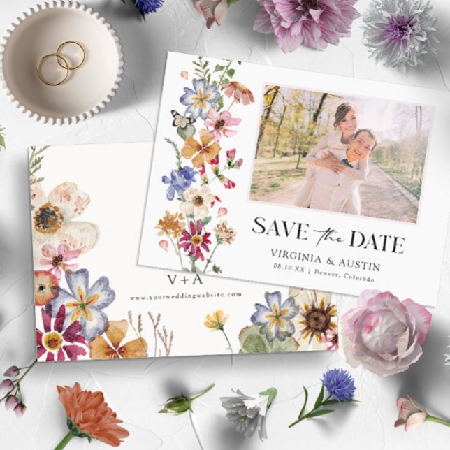 blumenfarbig save the date (Colorful Wildflower Wedding Save The Date by Painted Paperie)