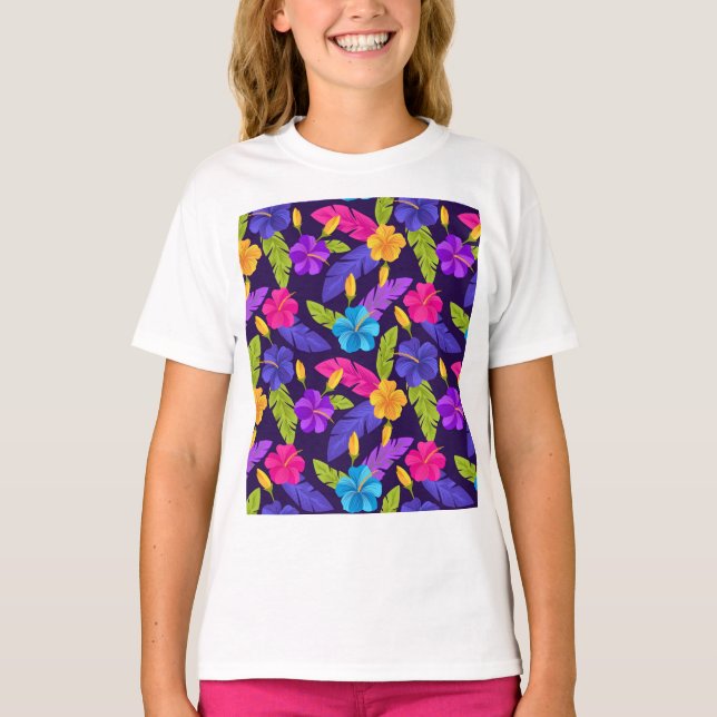 Blumenfarbige tropische Blätter Blume Muster-23 T-Shirt (Vorderseite)