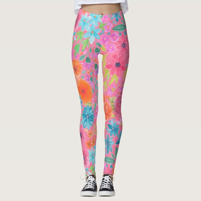 Blumenfarbmuster in Rosa Leggings (Vorderseite)