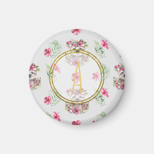 Blumenfaultier-Monogramm-Muster Mädchen-Schlafzimm Magnet