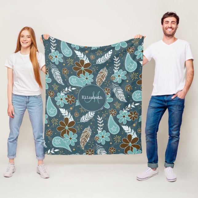 Blumenfeatherie aquamarin türkisfarbener Boho Fleecedecke (Beispiel)