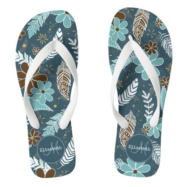 Blumenfeatherie aquamarin türkisfarbener Boho Flip Flops (Fußbett)