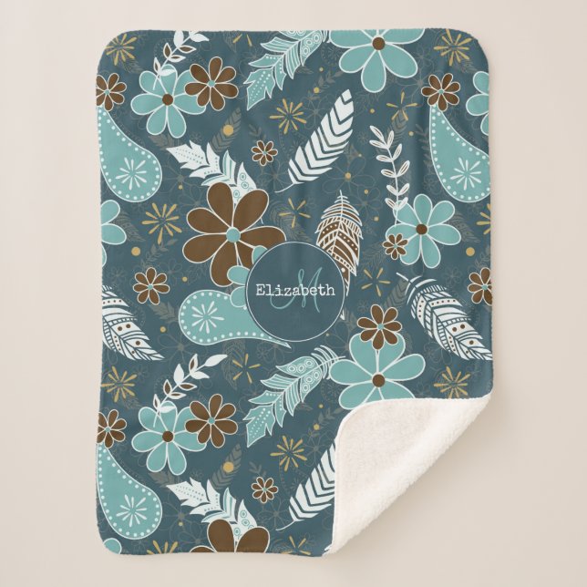 Blumenfeatherie aquamarin türkisfarbener Boho Sherpadecke (Vorderseite)