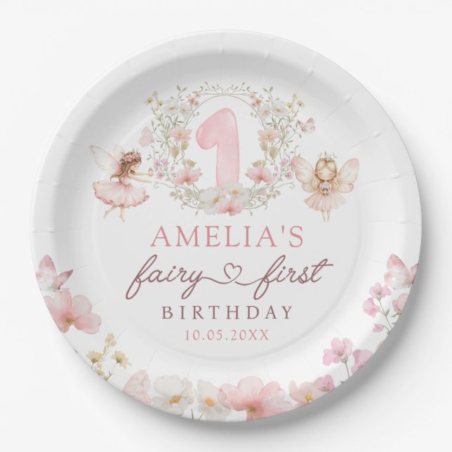 Blumenfee zum ersten Geburtstag Party Teller aus P (Vorderseite)