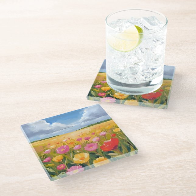 Blumenfeld Landschaftsmalerei Wasserfarbe Glasuntersetzer (Schrägansicht)