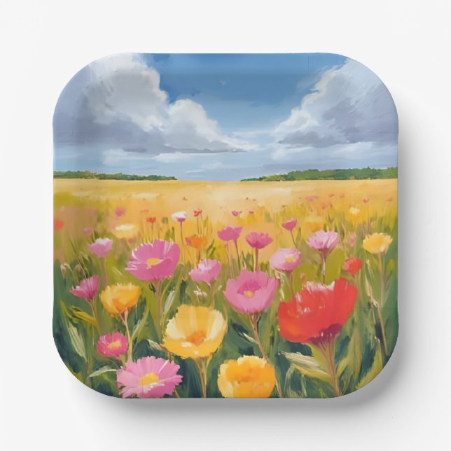 Blumenfeld Landschaftsmalerei Wasserfarbe Pappteller (Vorderseite)