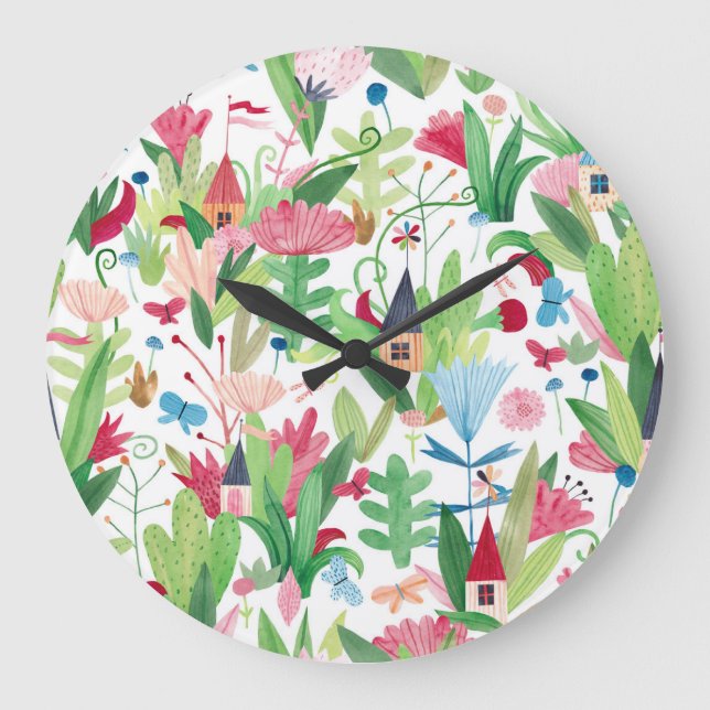 Blumenfelder: Muster für Aquarelle Große Wanduhr (Vorderseite)