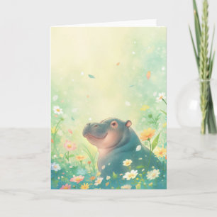 Blumenfelder und glückliches Nilpferd Karte