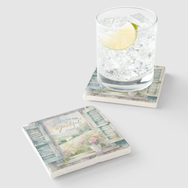 Blumenfenster mit Gratex-Herzfarbe Steinuntersetzer (Seitenansicht)