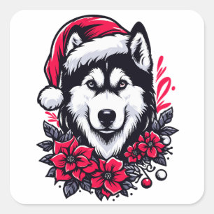 Blumenfestivals Husky Hund mit Weihnachtsmannmütze Quadratischer Aufkleber