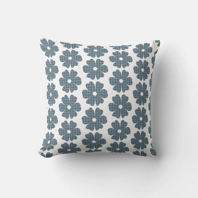 Blumenförmig Kariert Blau Grau Kissen (Vorderseite)