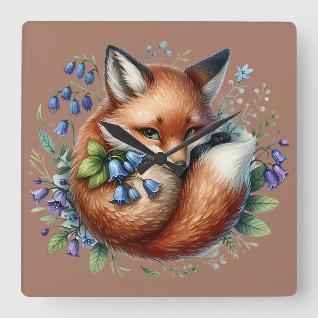 Blumenfox Botanische Holzkunst Quadratische Wanduhr (Vorderseite)